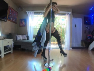 'Pole dancing cougar honey teases the neighbors while seducing you'
